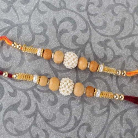 Two Pearl Rhinestone Beads with Wooden Beads Rakhi
