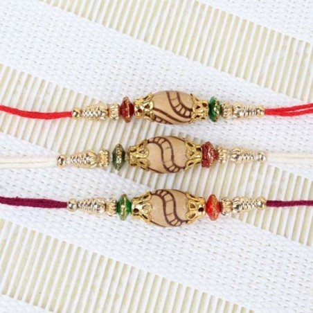 Designer Wooden Beads Dial Three Rakhis