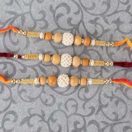 Three Pearl Rhinestone Beads with Wooden Beads Rakhi