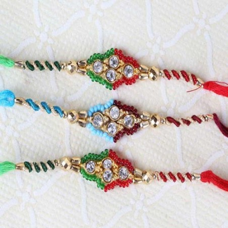 Combo of Three Diamond Studded Dial with Zardosi Strings Rakhi