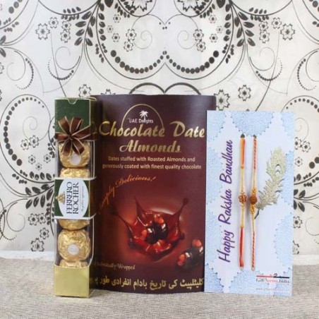 Double Rakhi with Chocolate Dates Almond and Ferrero Rocher Chocolate Pack