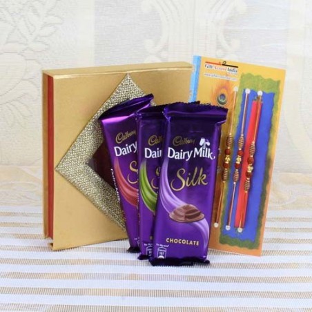 Three Rakhis with Cadbury Dairy Milk Silk Chocolate Bars