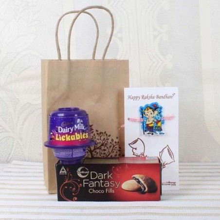 Cadbury Dairy Milk Lickables with Dark Fantasy Choco Fill Pack and Ganesha Krishna Rakhi