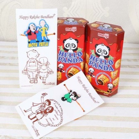 Hello Panda Chocolate Biscuits with Ben 10 Rakhi and Motu Patlu Rakhi