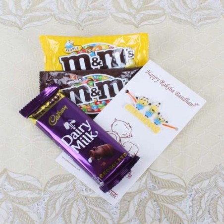 Minions Rakhi with MnM Chocolate Pack and Dairy Milk Chocolate Bar