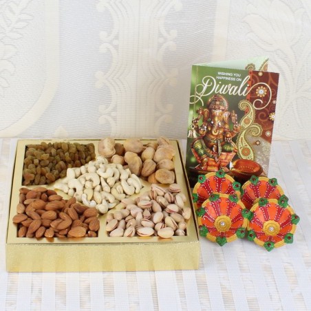 Tasty Nuts with Diwali Card and Diya