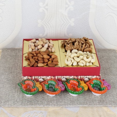 Colorful Earthen Diya and Mixed Dry Fruits