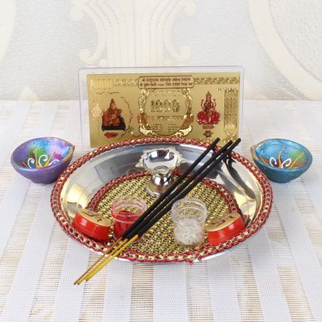 Diwali Pooja Thali with Kuber Lakshmi Note and Diya