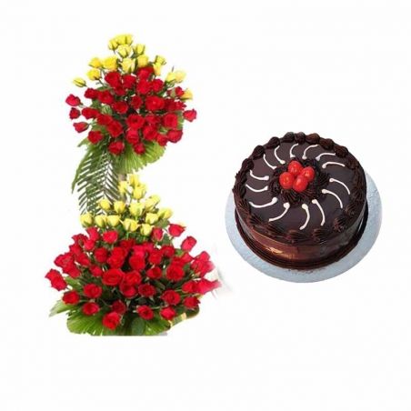 Express Your Love With Exotic Hundred Roses Arrangement and Dark Chocolate Cake