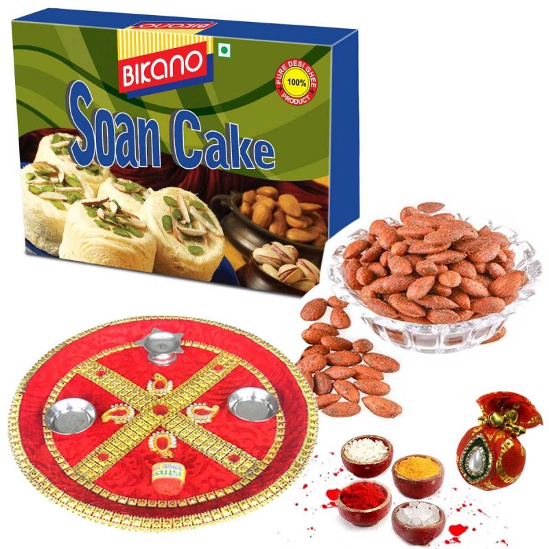Bikano Soan Cake and Masala Almonds with Bhaidooj puja thali