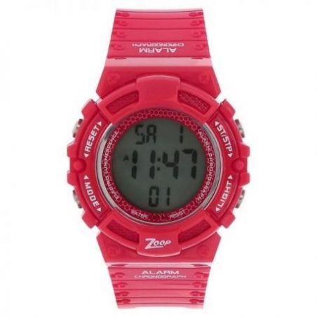 Digital watch with red plastic strap