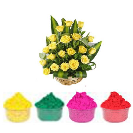 Yellow Rose Basket with Gulal