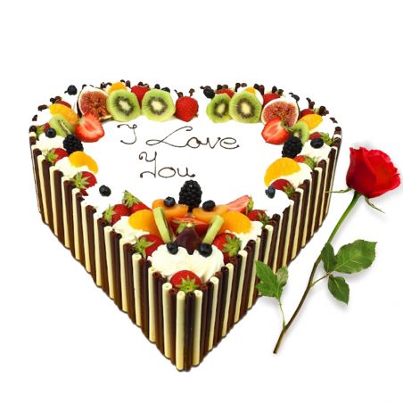 Heart Shape Fruit Cake with Single Red Rose