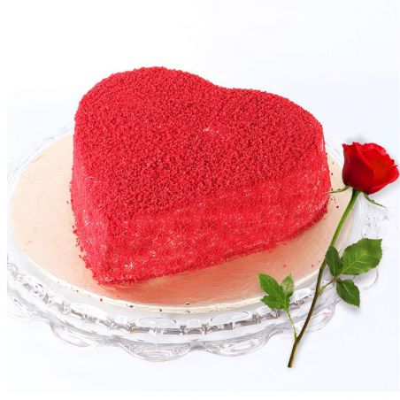 Heart Shape Red Velvet Cake with Single Red Rose