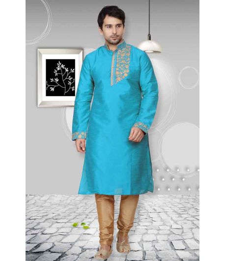 Aqua Blue Dupion Silk Men Kurta Set