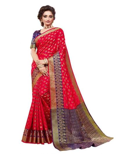Red Blue Handloom Silk Saree