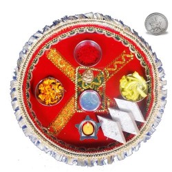 Red Puja Thali with Kaju Barfi