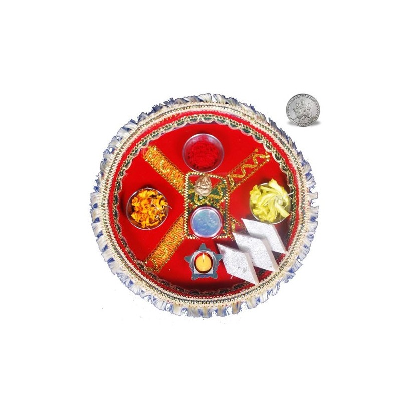 Red Puja Thali with Kaju Barfi