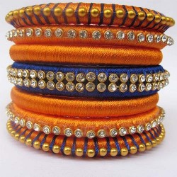 Orange n Blue Stone studded Silk thread bangles