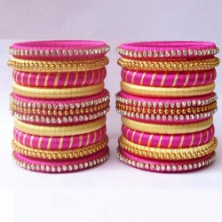 Pink n Yellow Stone studded Silk thread bangles
