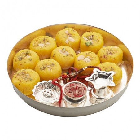 Ghasitaram Rakhi Special Kesari Mawa Peda Silver Thali - 400gms