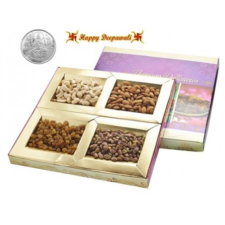 Diwali Special 4 Partition Dry fruit Box 400gm For All Occasions  with complimentary Silver Plated Coin