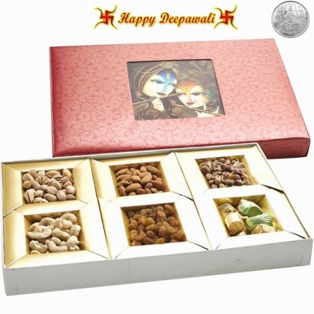 Diwali Special Radha Krishna Dry Fruit Box 300 gm with complimentary Silver Plated Coin