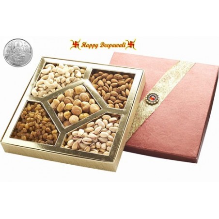 Diwali Special Red & Gold Brooch Dry fruit Box 400gm with complimentary Silver Plated Coin