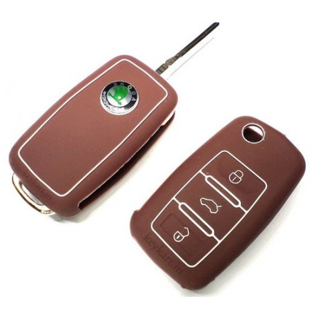 Silicone Key Cover For Skoda /  Volkswagen 3 Button Flip Key (Brown)