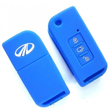 Silicone Key Cover For Mahindra Xuv 500 3 Button Flip Key (Blue)